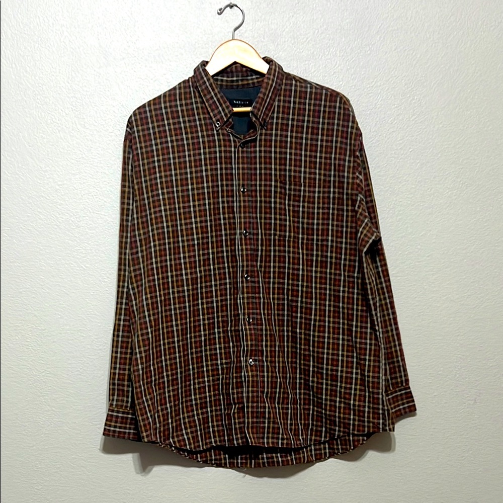 Van Heusen Casual‎ Brown Button Down Shirt with Plaid Pattern